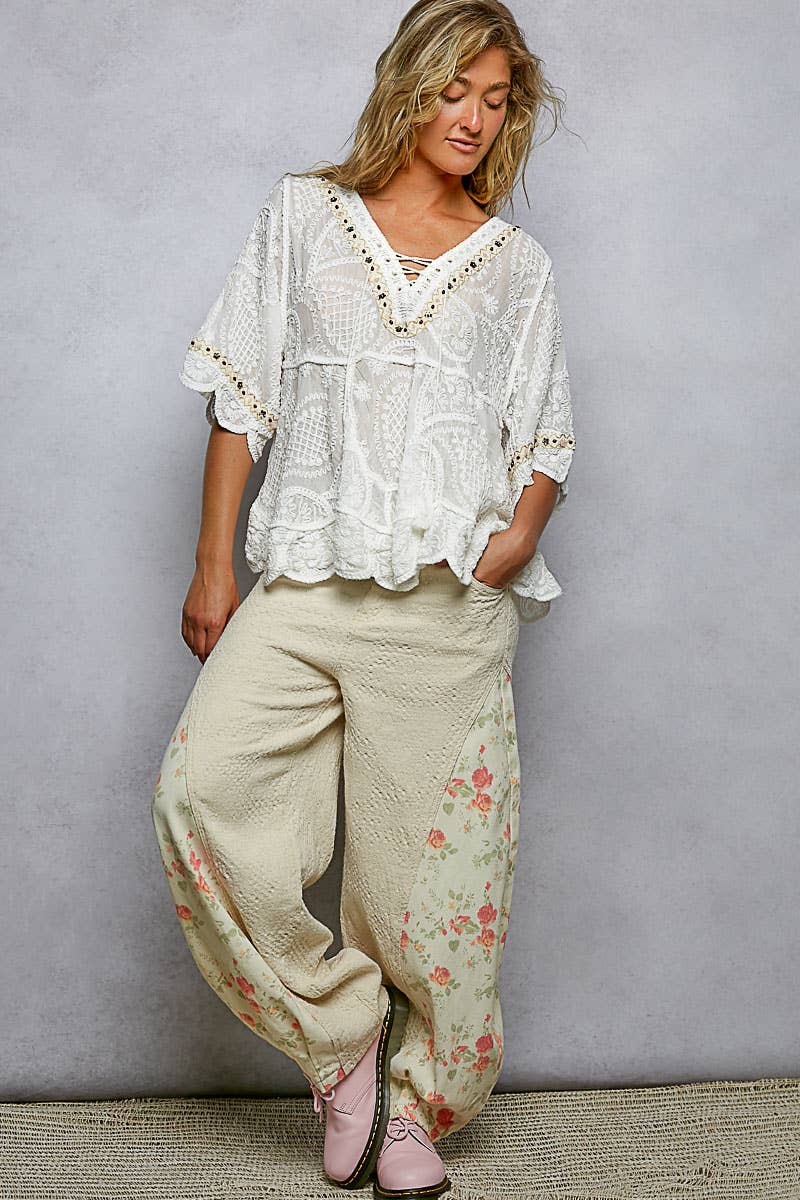 Pol Clothing - Short Sleeve Adjustable Drawstring Crochet V Neck Top