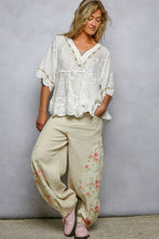 Pol Clothing - Short Sleeve Adjustable Drawstring Crochet V Neck Top