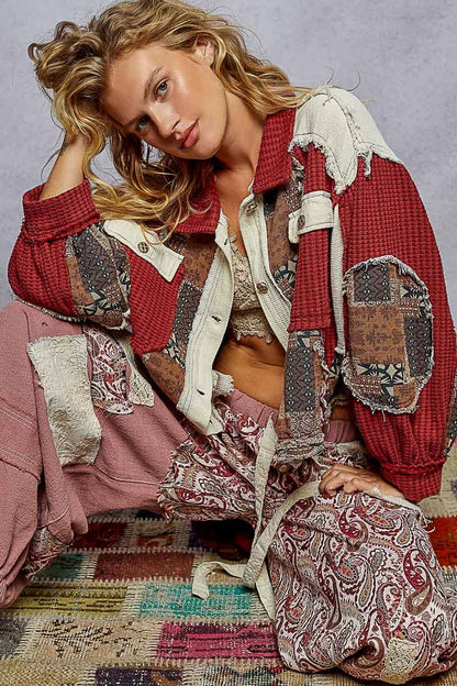 Pol Clothing - Balloon Sleeve Contrast Paisley Pattern Cropped Knit Jacket