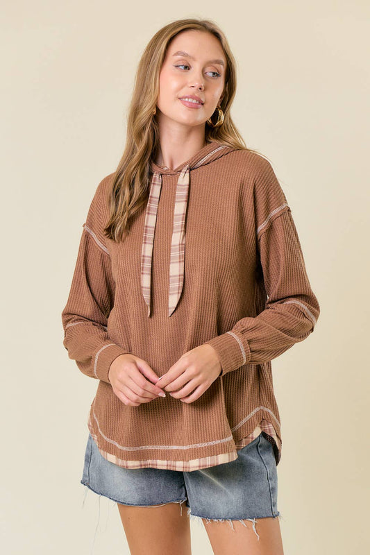 Soft WAFFLE KNIT PLAID STRAP HOODED SWEATSHIRT
