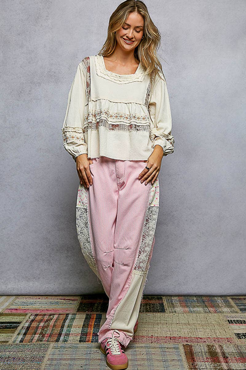 Pol Clothing - Embroidery Lace Contrast Square Neck Long Sleeve top
