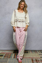 Pol Clothing - Embroidery Lace Contrast Square Neck Long Sleeve top