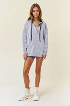 Doe and Rae - Stripe V-Neckline Long Sleeve Hooded Sweatshirt - 44627T