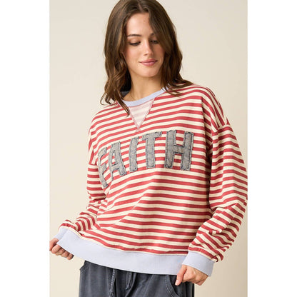 FAITH PATCHWORK STRIPED LONG SLEEVE SWEATSHIRT