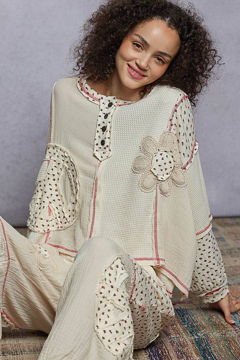 Pol Clothing - Round neck peace patch floral oversized fit knit top