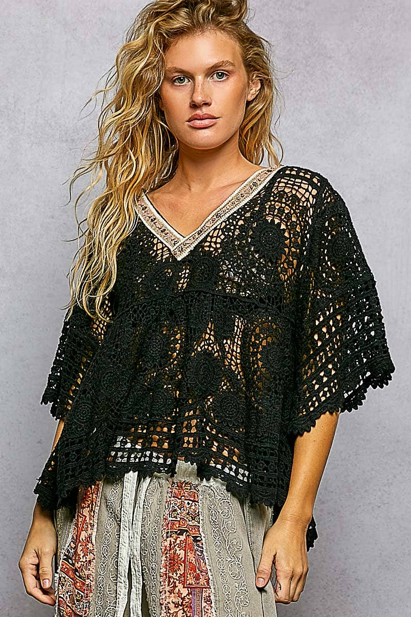 Pol Clothing - 3/4 Sleeve V-neck Crochet Varied Pattern Flared Top