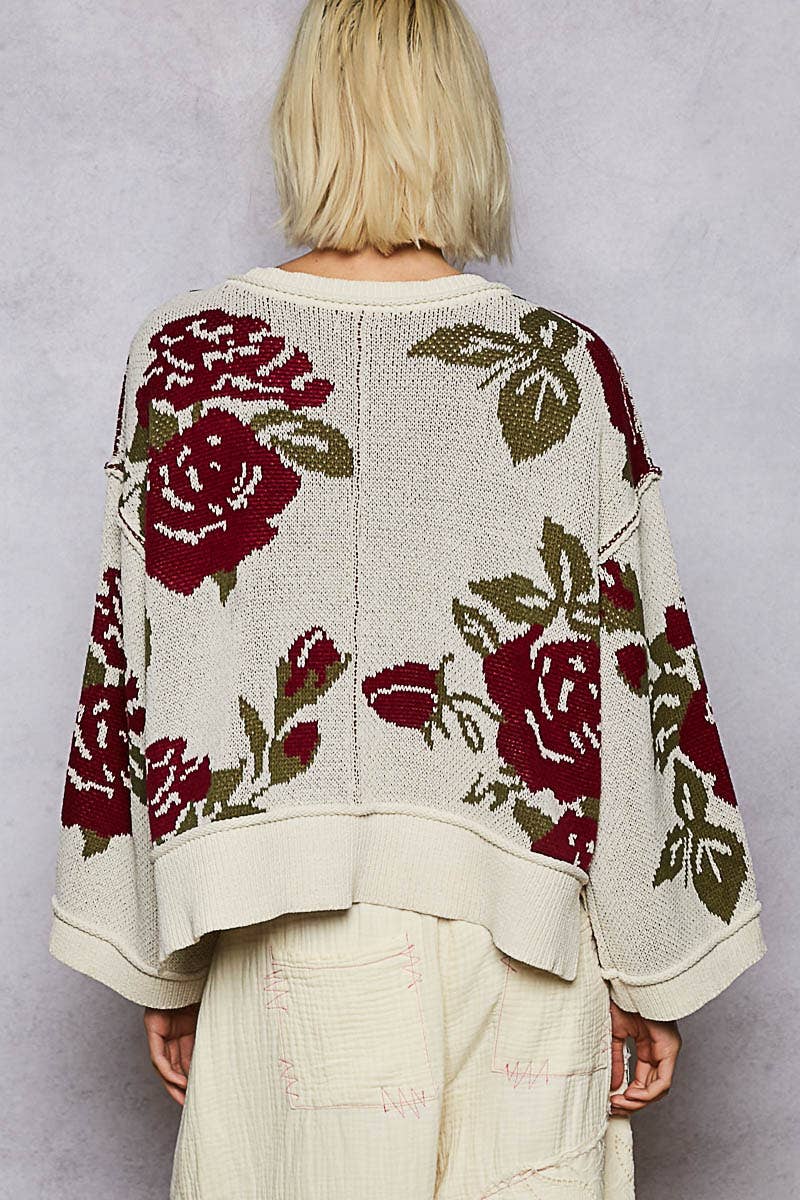 Pol Clothing - Long sleeve contrast floral exposed seam detail sweater top