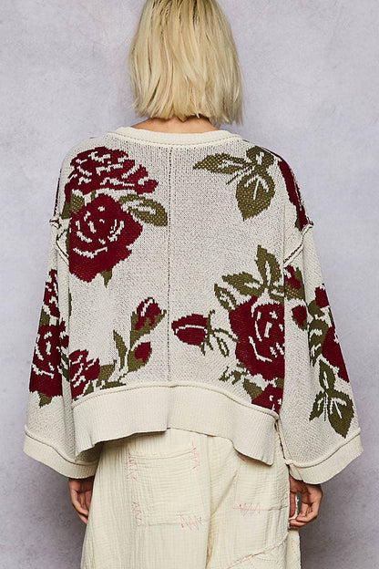 Pol Clothing - Long sleeve contrast floral exposed seam detail sweater top