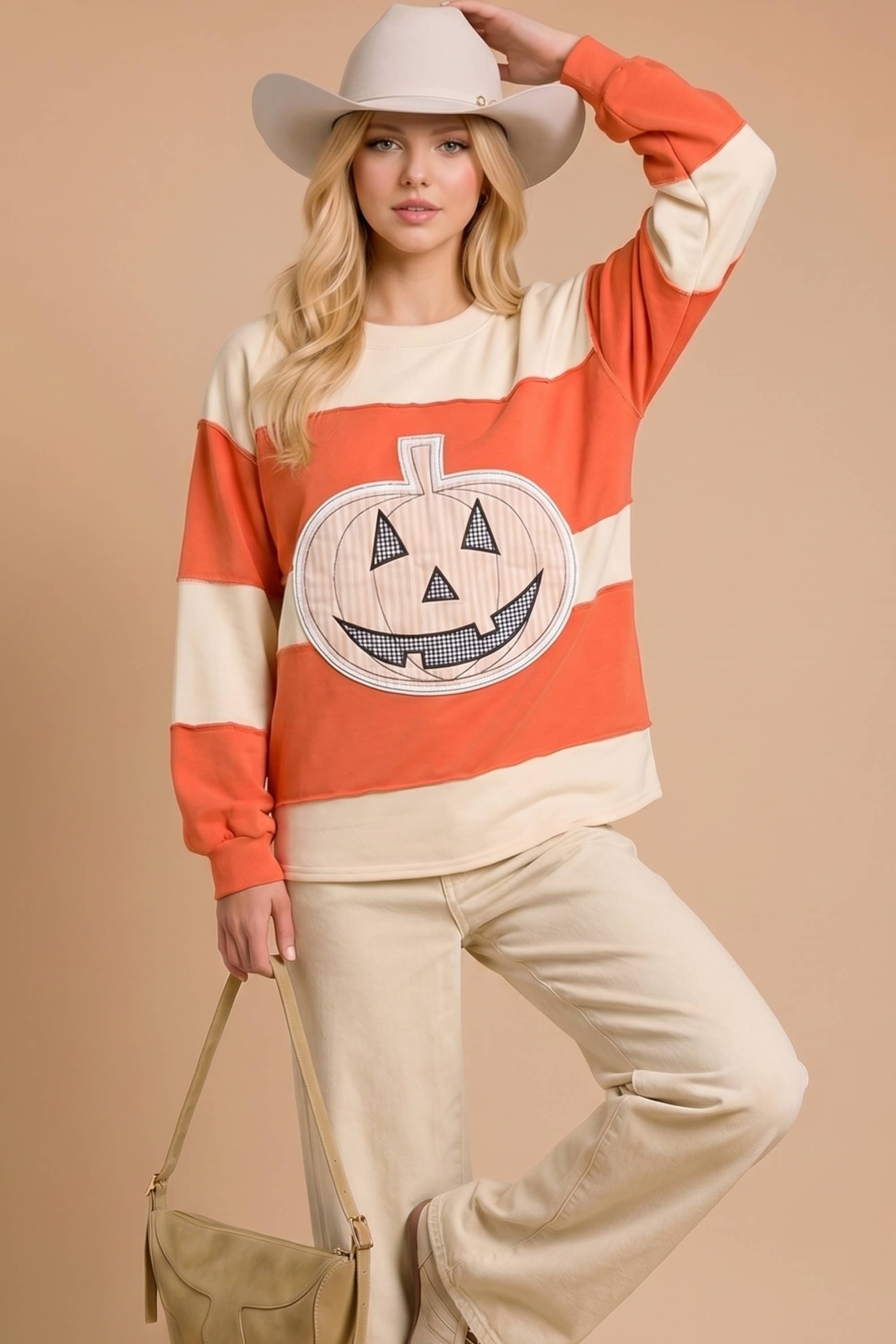 Main Strip - Pumpkin Appliqué Color Block Pullover