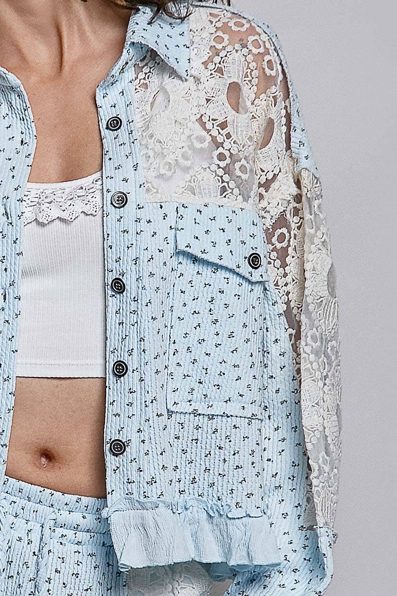Pol Clothing - Floral Knit Balloon Sleeve Lace Patch Jacket Top