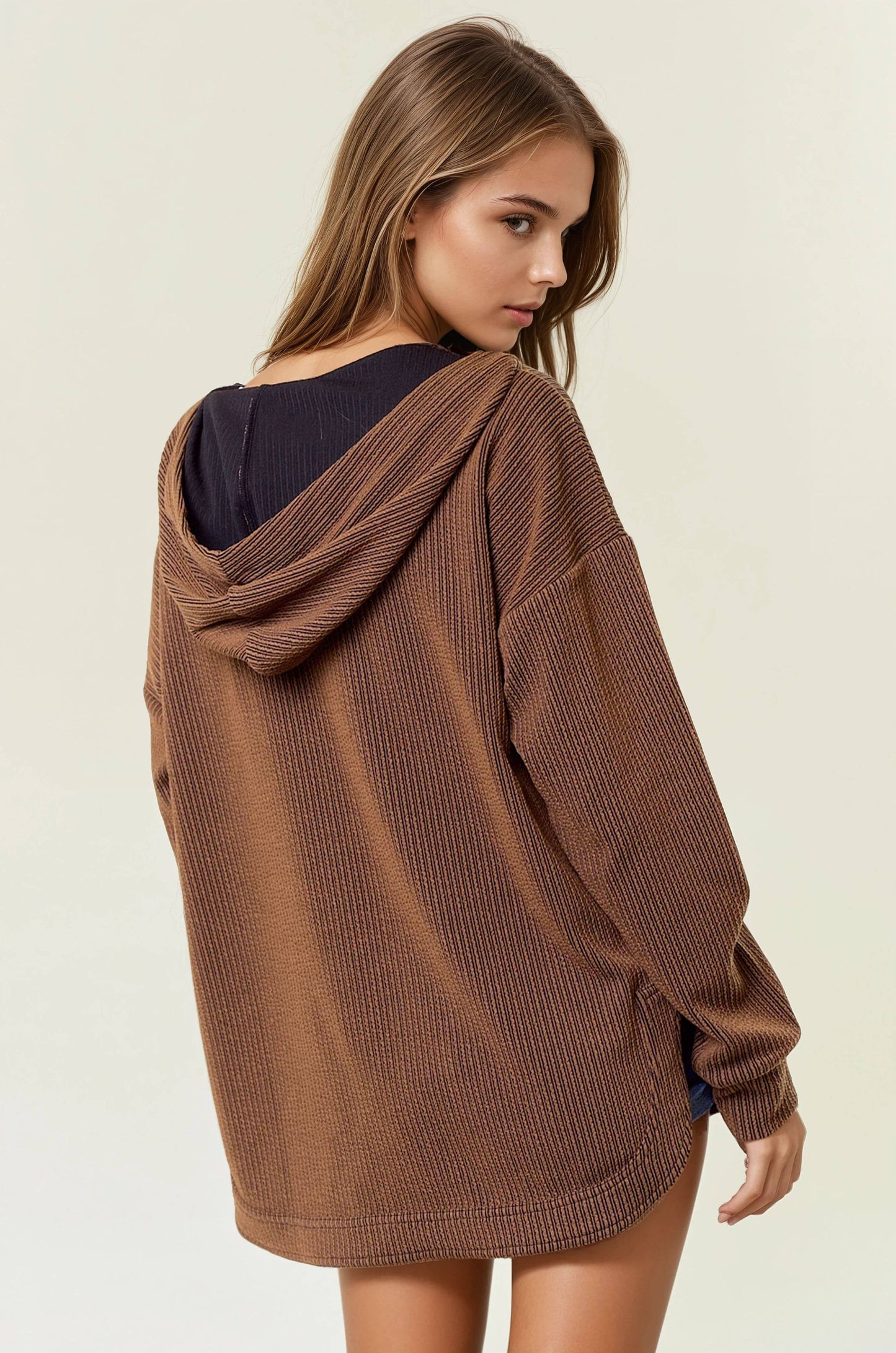 Doe and Rae - Stripe V-Neckline Long Sleeve Hooded Sweatshirt - 44627T