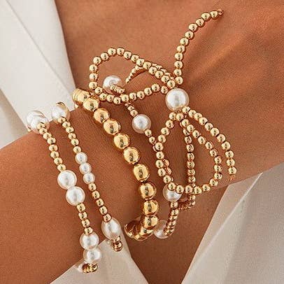 MULTI LAYER BALL CHAIN BEAD PEARL BOW BRACELET |