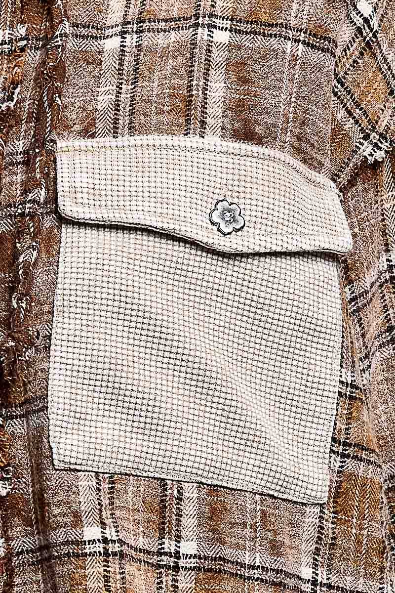 Pol Clothing - Plaid Woven Thermal Patch Floral Patchwork Hoodie Top