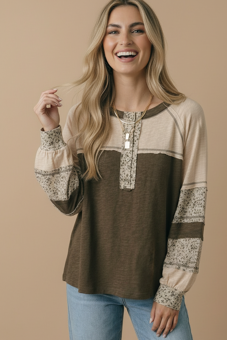 Round Neck Floral Color Block Cotton Slub Top-Haptics