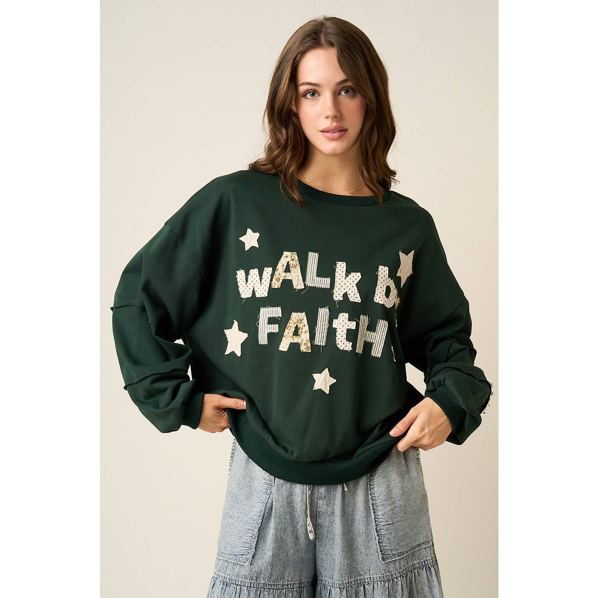 WALK BY FAITH PATCHWORK LETTERING SWEATSHIRT