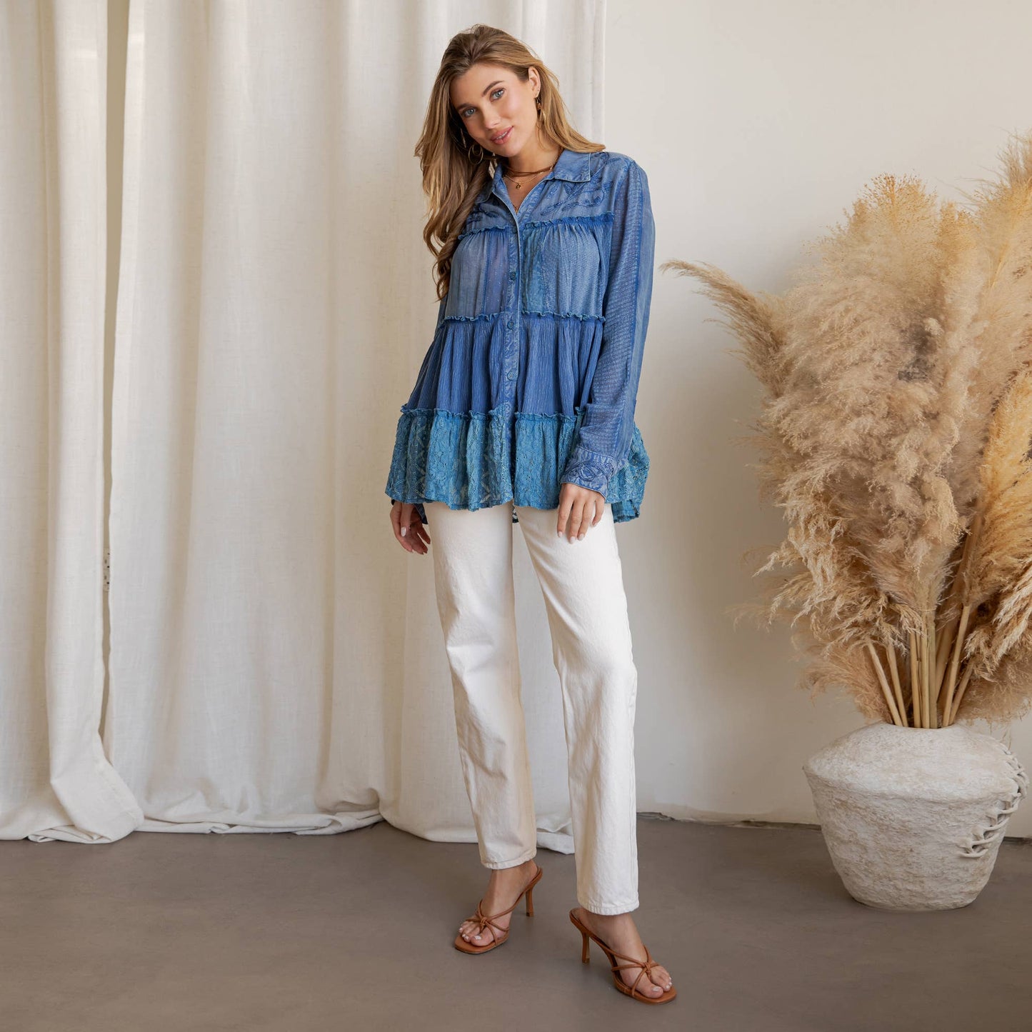 Young Threads - Mineral Wash Tiered Button-Down Blouse with Floral Details