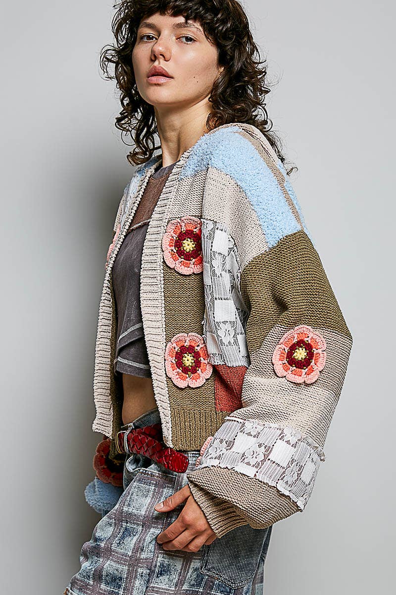 Pol Clothing - Mixed-Texture Patchwork Chenille Knit Crochet Cardigan