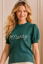 Merry Rhinestone Puff Sleeve Holiday Sweater Top-Main Strip