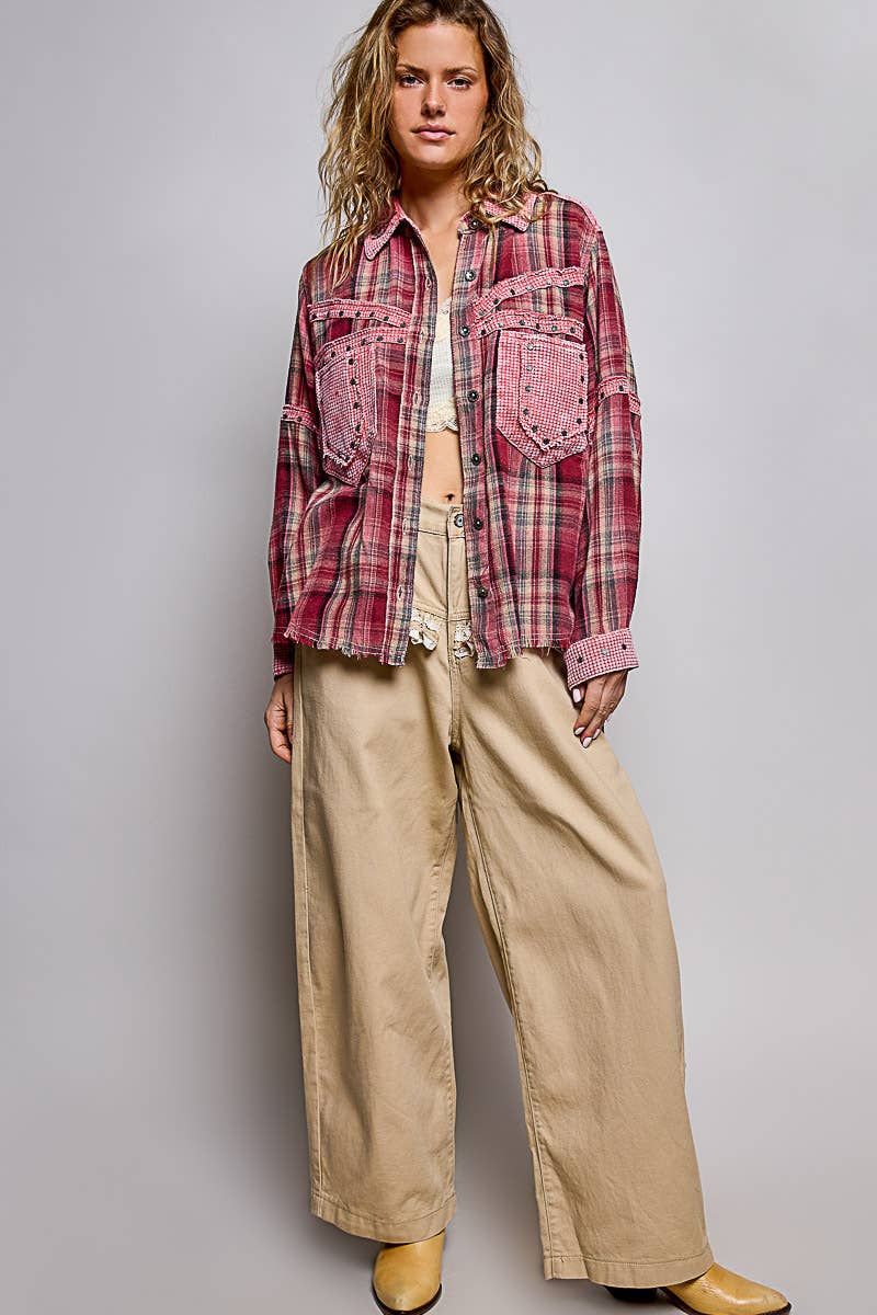 Pol Clothing - Plaid Mixed-Fabric Thermal Patch Studded Raw Edge Shirt