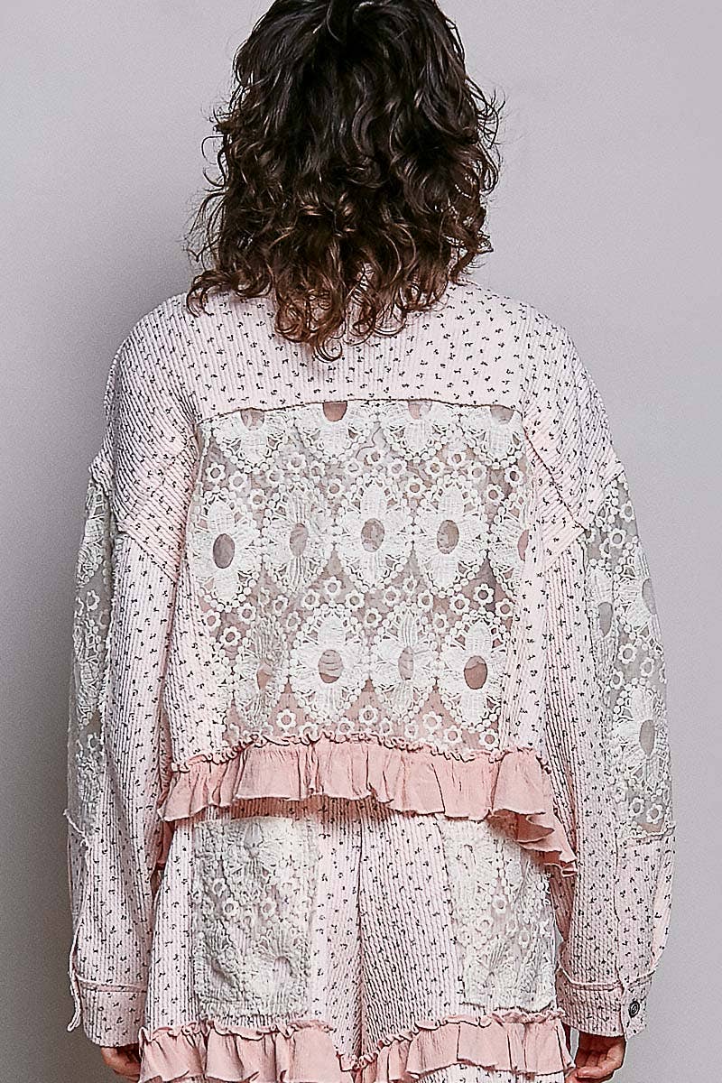 Pol Clothing - Floral Knit Balloon Sleeve Lace Patch Jacket Top