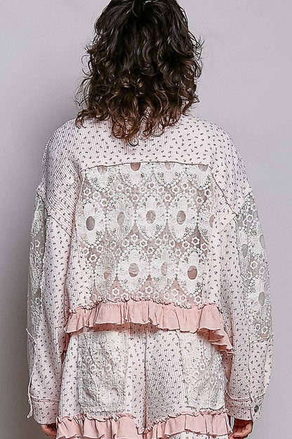 Pol Clothing - Floral Knit Balloon Sleeve Lace Patch Jacket Top
