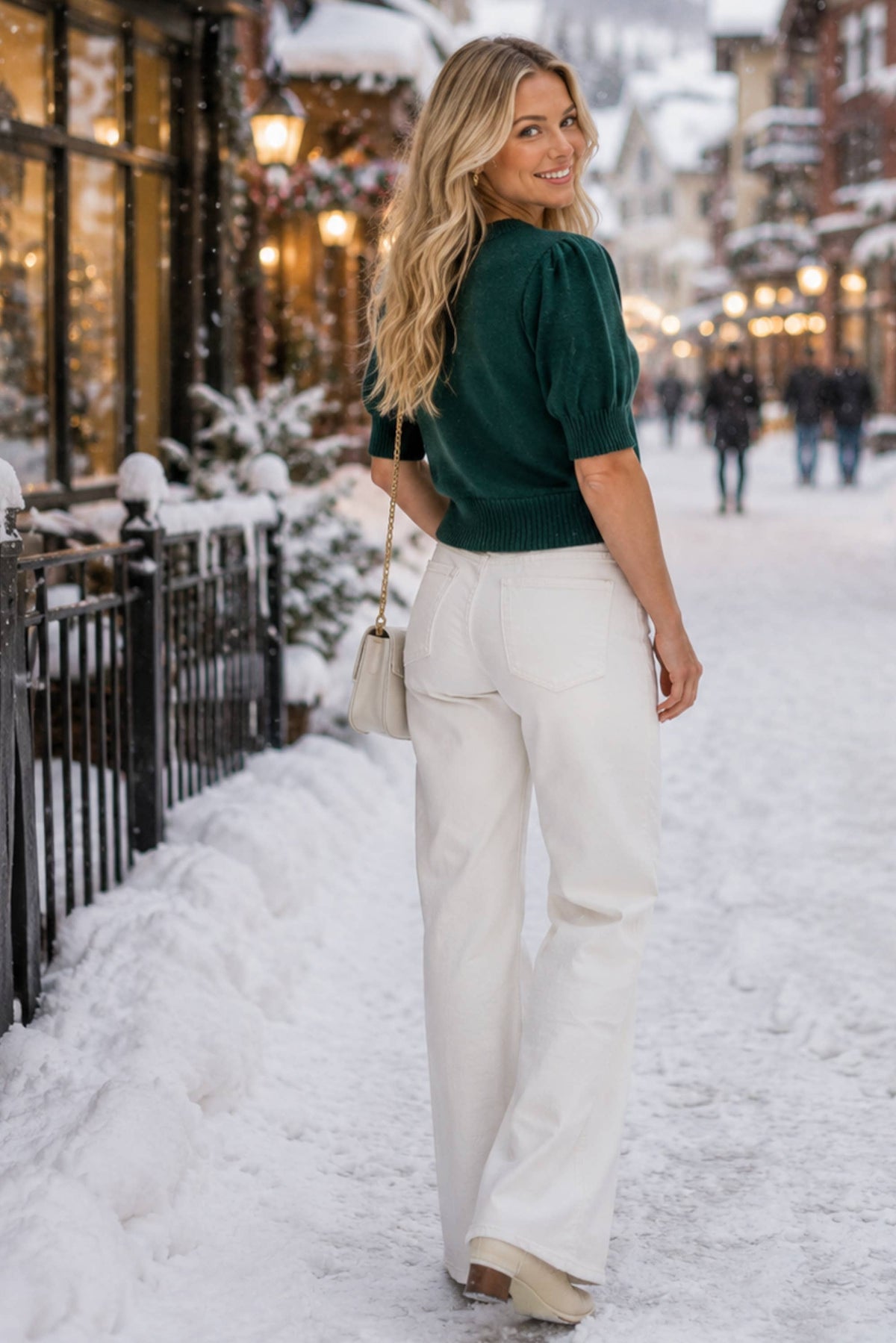 Merry Rhinestone Puff Sleeve Holiday Sweater Top-Main Strip