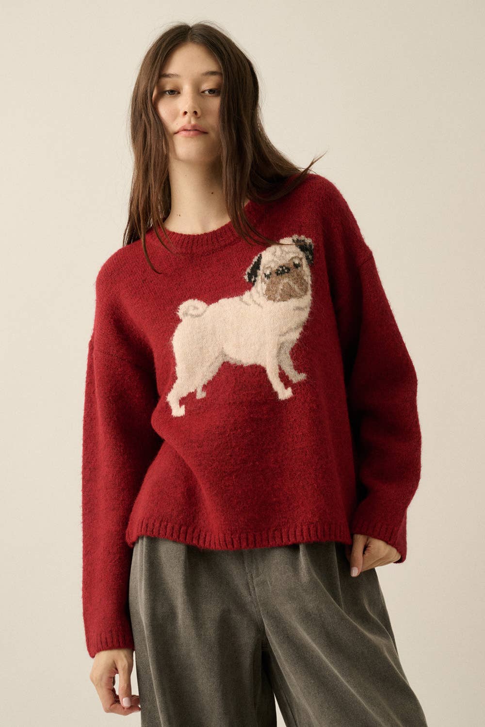 Pug Dog Solid Knit Relaxed-Fit Drop-Shoulder Sweater