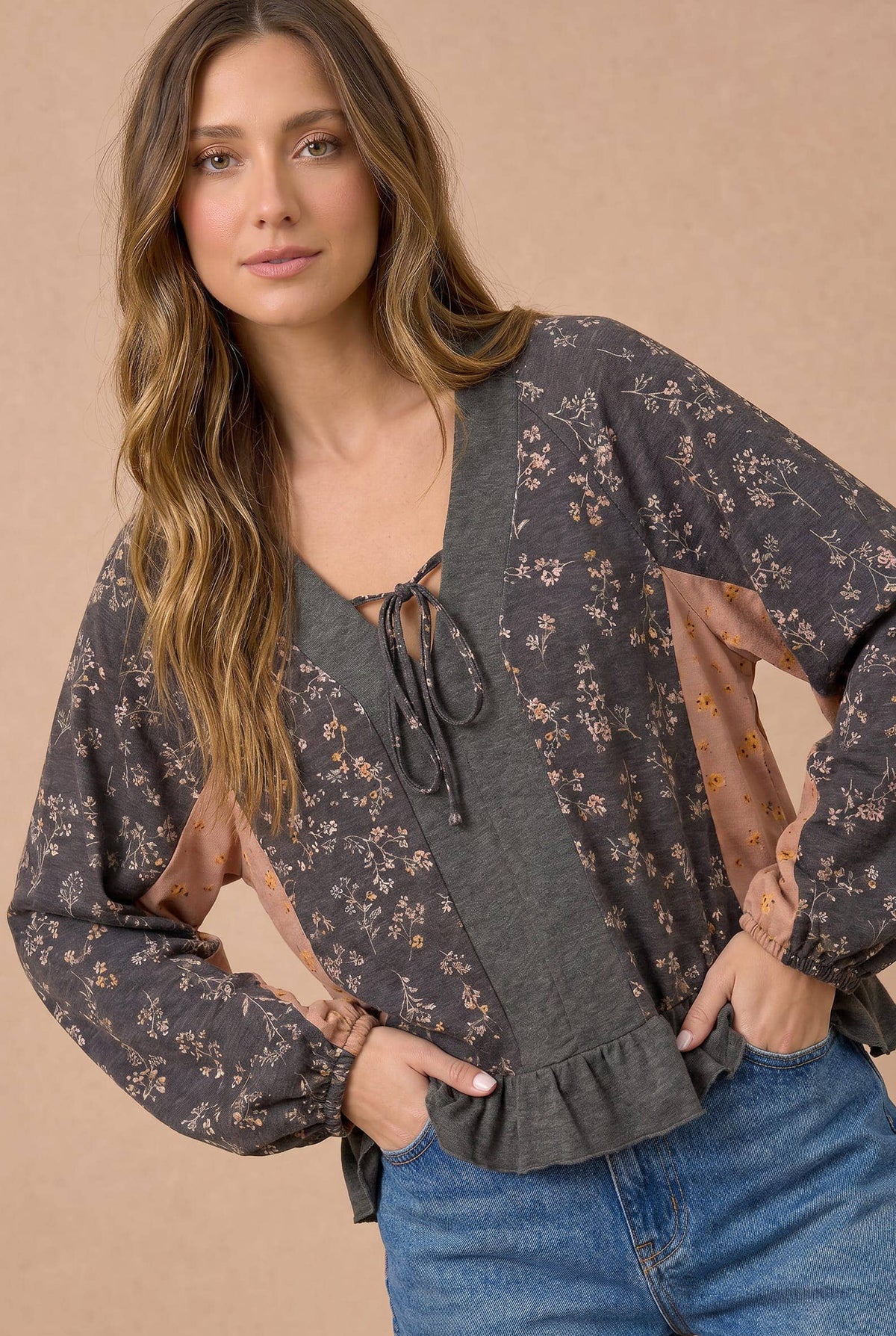 Haptics - Floral Color Block Peplum Raglan Top