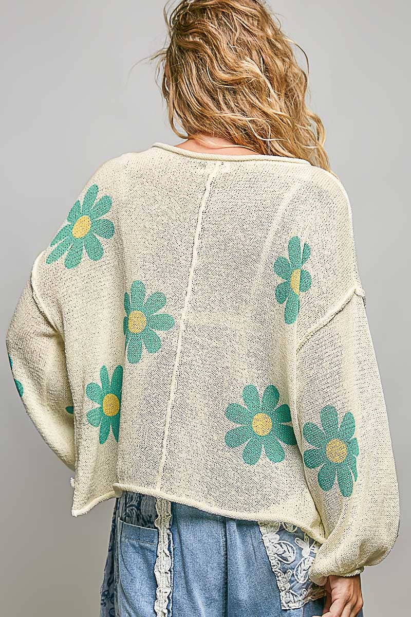 Pol Clothing - Round Neck Balloon Sleeve Floral Print Thin Sweater