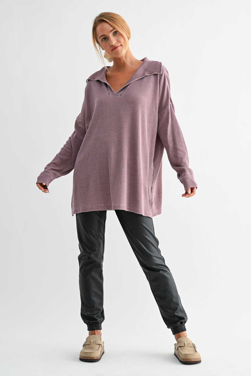 Cotton Blend Waffle Knit Oversized Collared Long Sleeve