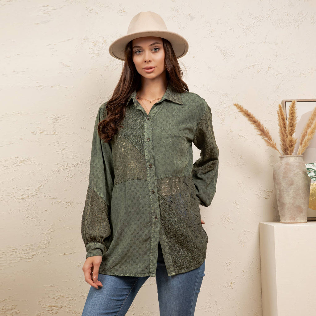 Young Threads - Vintage Washed Lace Patchwork Long Sleeve Shacket NEW