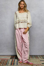 Pol Clothing - Embroidery Lace Contrast Square Neck Long Sleeve top