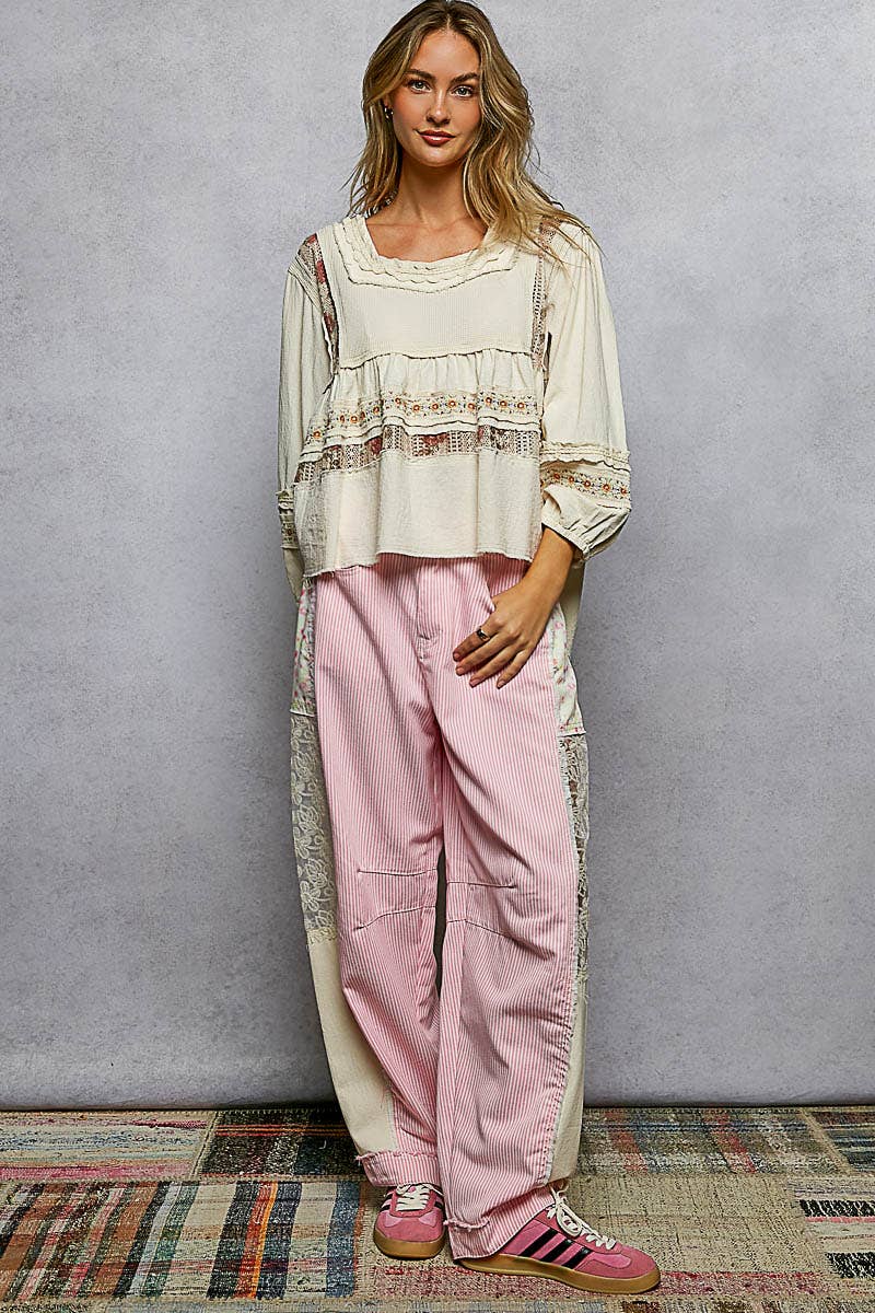 Pol Clothing - Embroidery Lace Contrast Square Neck Long Sleeve top