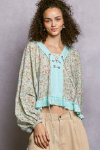 Strawberry V Neck Balloon Sleeve Floral Ruffle Woven Printed Top