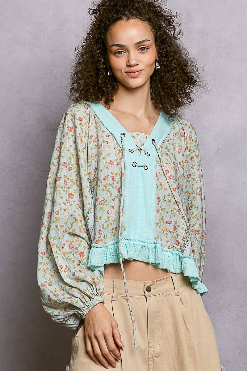 Strawberry V Neck Balloon Sleeve Floral Ruffle Woven Printed Top