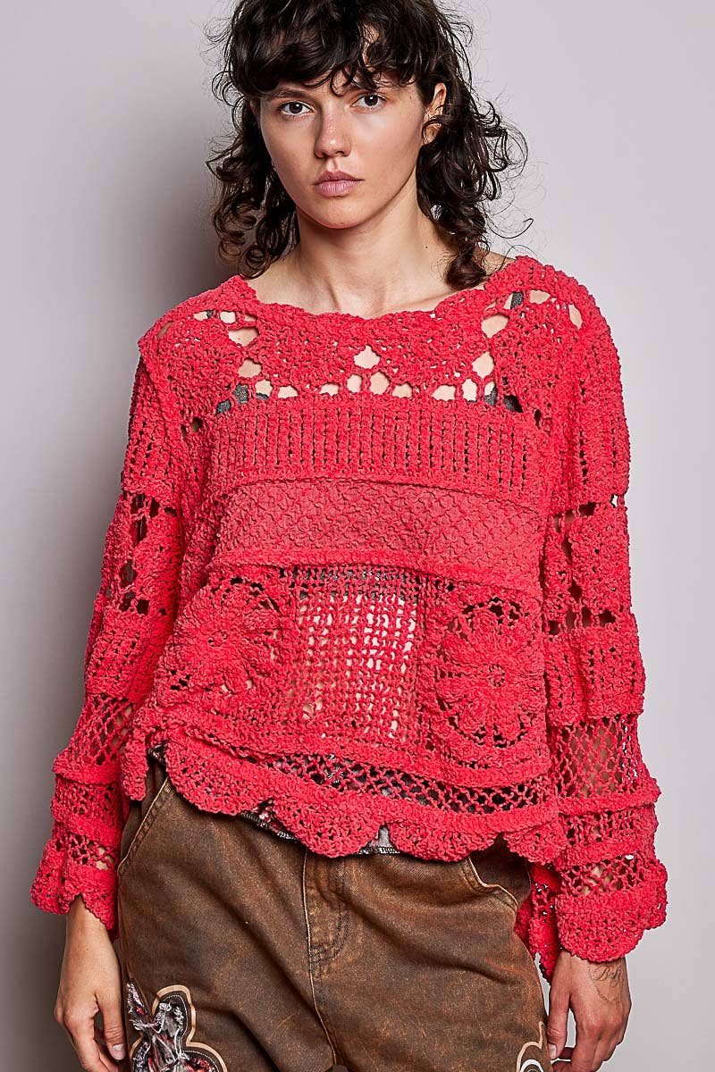 Pol Clothing - Textured Stitch Scalloped Trim Crochet Knit Sweater Top