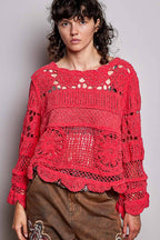 Pol Clothing - Textured Stitch Scalloped Trim Crochet Knit Sweater Top