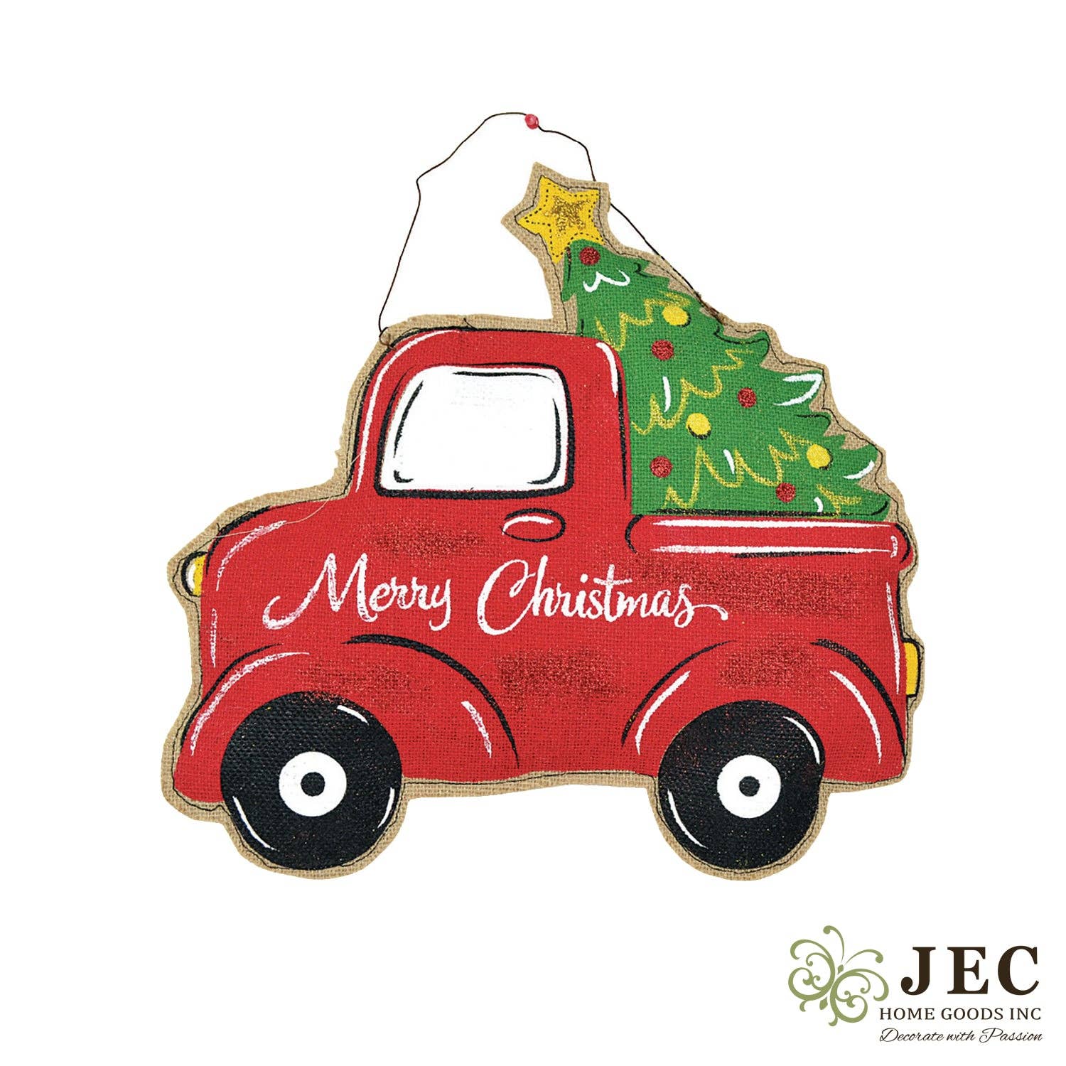 Christmas Tree Pick Up Truck Burlap Puffy Wall Hanging Door Décor  17.5"x17.5"