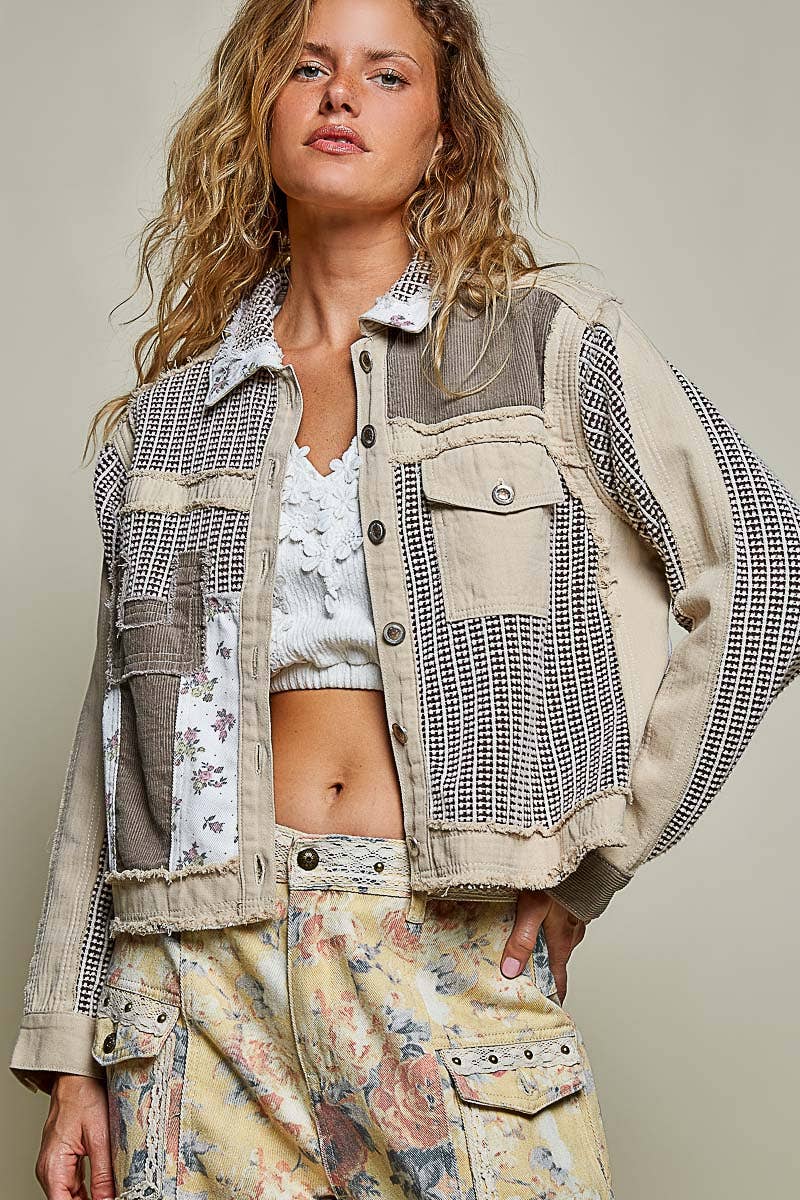 Pamela Vintage Patchwork Floral Geometric Neutral Cropped Jacket-Pol Clothing