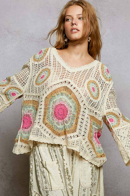 Pol Clothing - V-Neck Granny Circle Motif Scalloped Edge Crochet Top