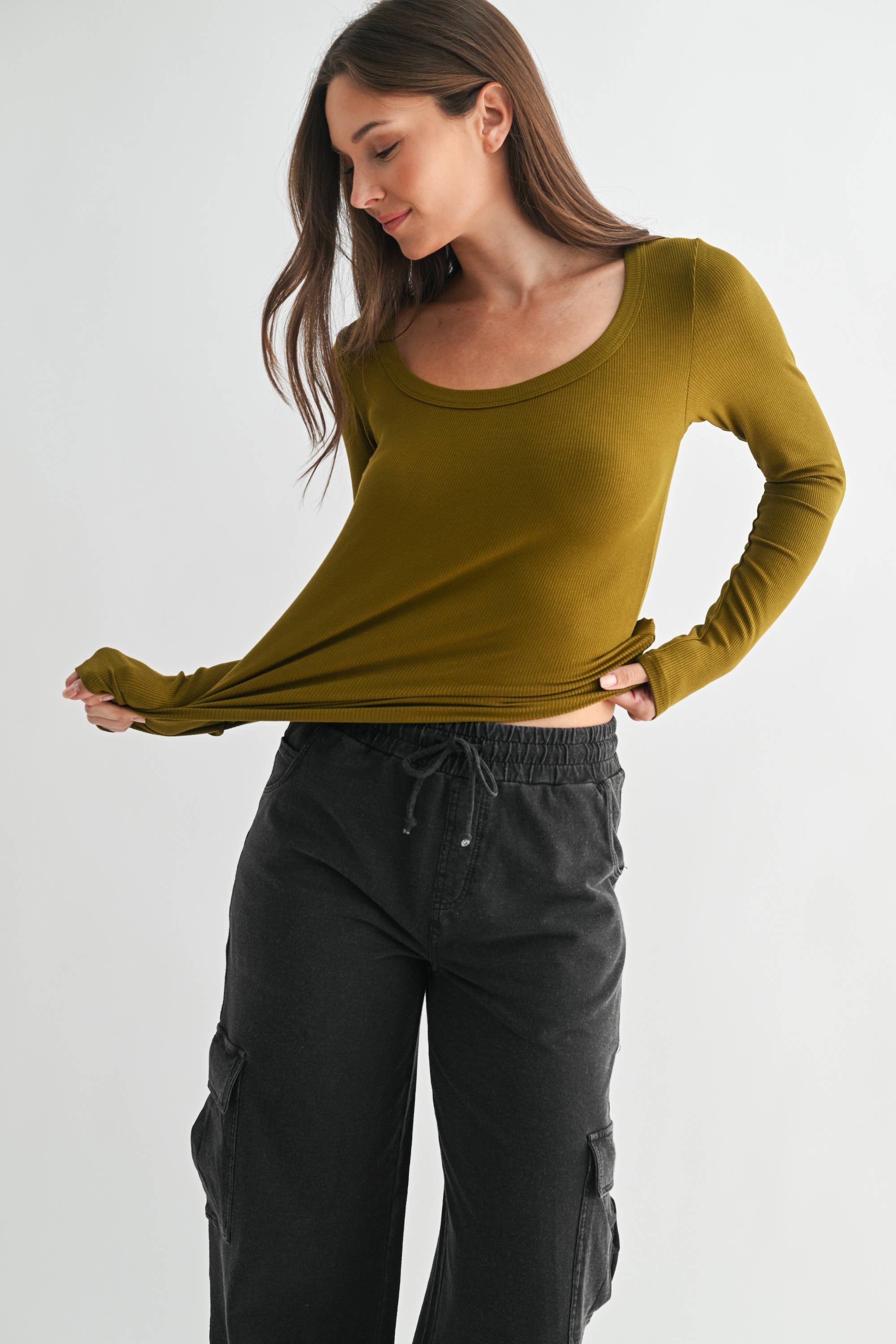 Scoop Neck Micro-Ribbed Long Sleeve Top Mono B