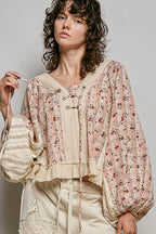 Strawberry V Neck Balloon Sleeve Floral Ruffle Woven Printed Top