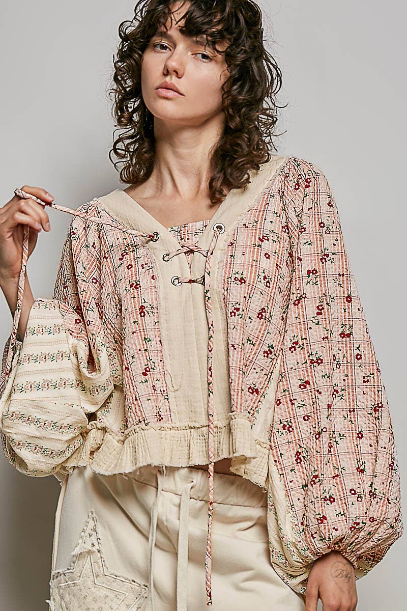 Strawberry V Neck Balloon Sleeve Floral Ruffle Woven Printed Top