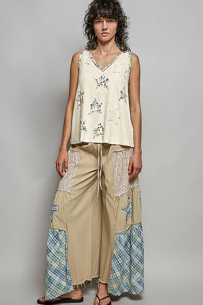 Pol Clothing - Boho Floral Star Patch Rib Sleeveless Top