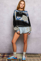 Marbella Long Sleeve Round Neck Floral Stripe Stitch Knit Top Pol Clothing