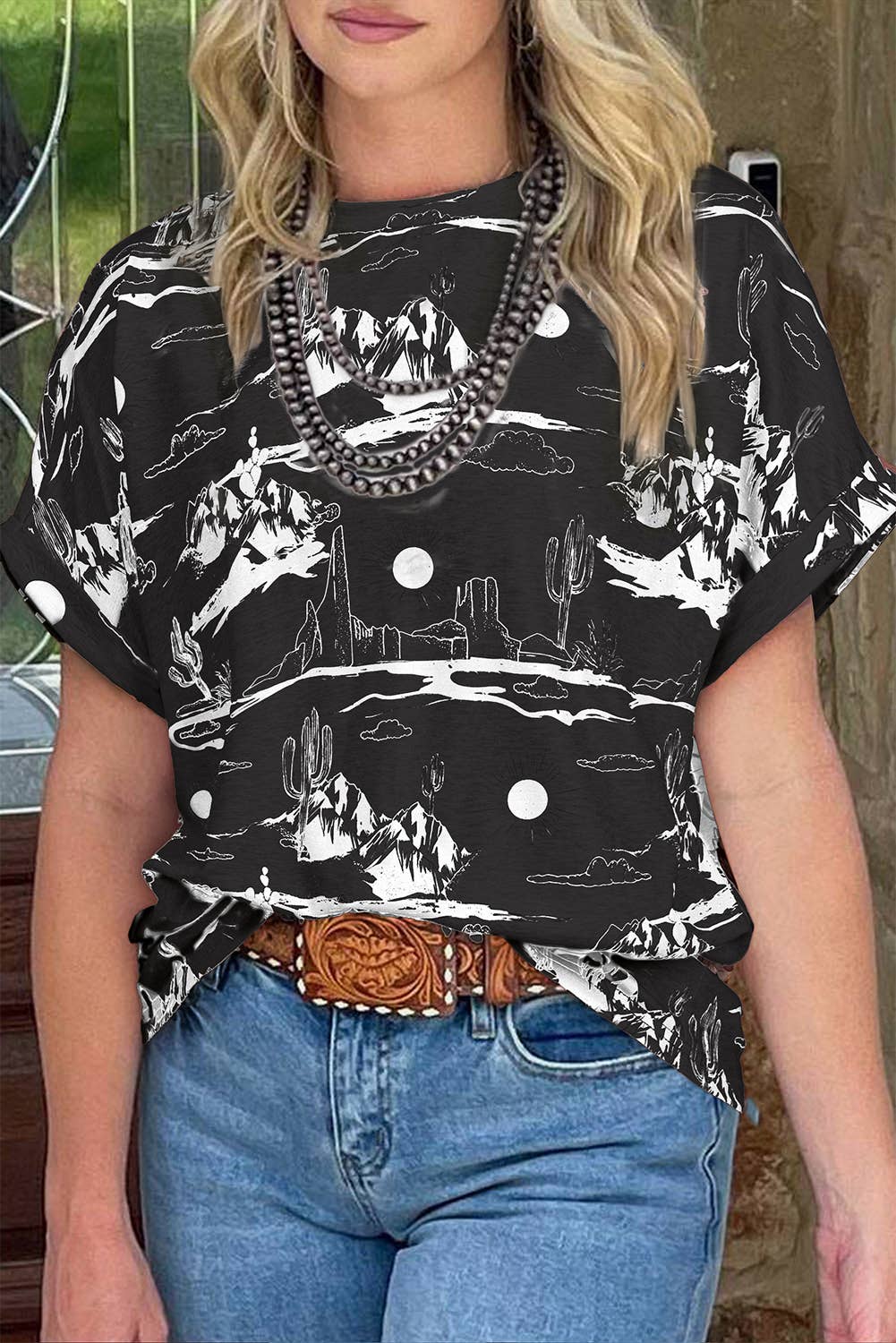 Fashion-W Western Desert Sand Print Short Sleeve Knit Top