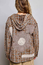 Pol Clothing - Plaid Woven Thermal Patch Floral Patchwork Hoodie Top
