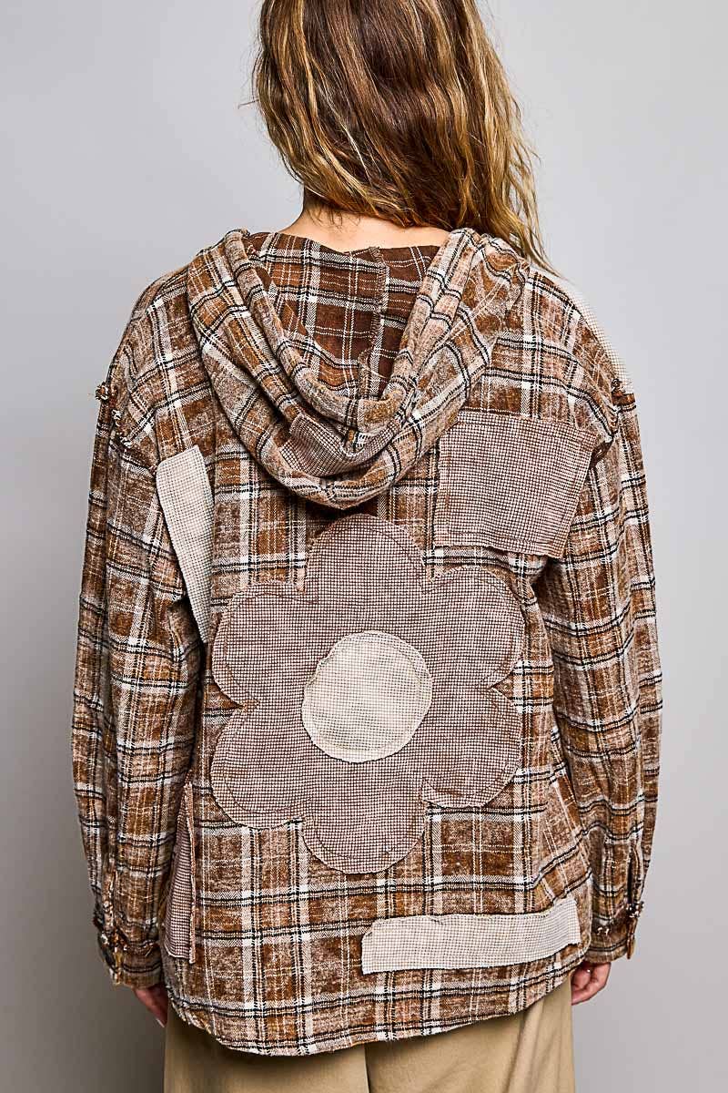 Pol Clothing - Plaid Woven Thermal Patch Floral Patchwork Hoodie Top