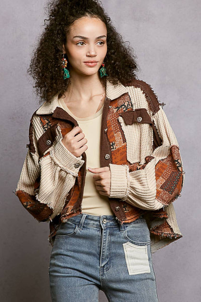 Pol Clothing - Balloon Sleeve Contrast Paisley Pattern Cropped Knit Jacket
