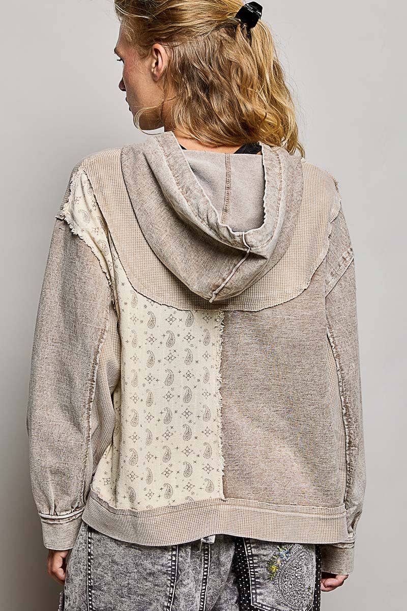 Pol Clothing - Mixed-Texture Patchwork Henley Button Patch Hoodie